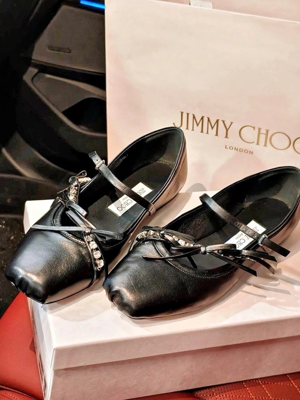 Jimmy Choo Black Embellished Square-Toe Flats